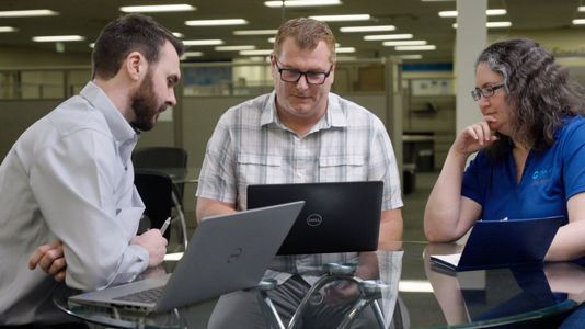 Team working around laptops