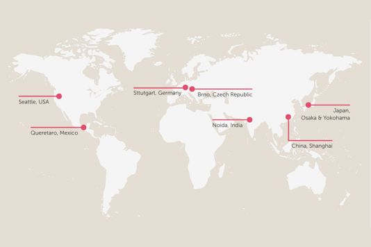 Map of Transport locations globally: Mexico, USA, Germany, Czech Republic, India, China, and Japan